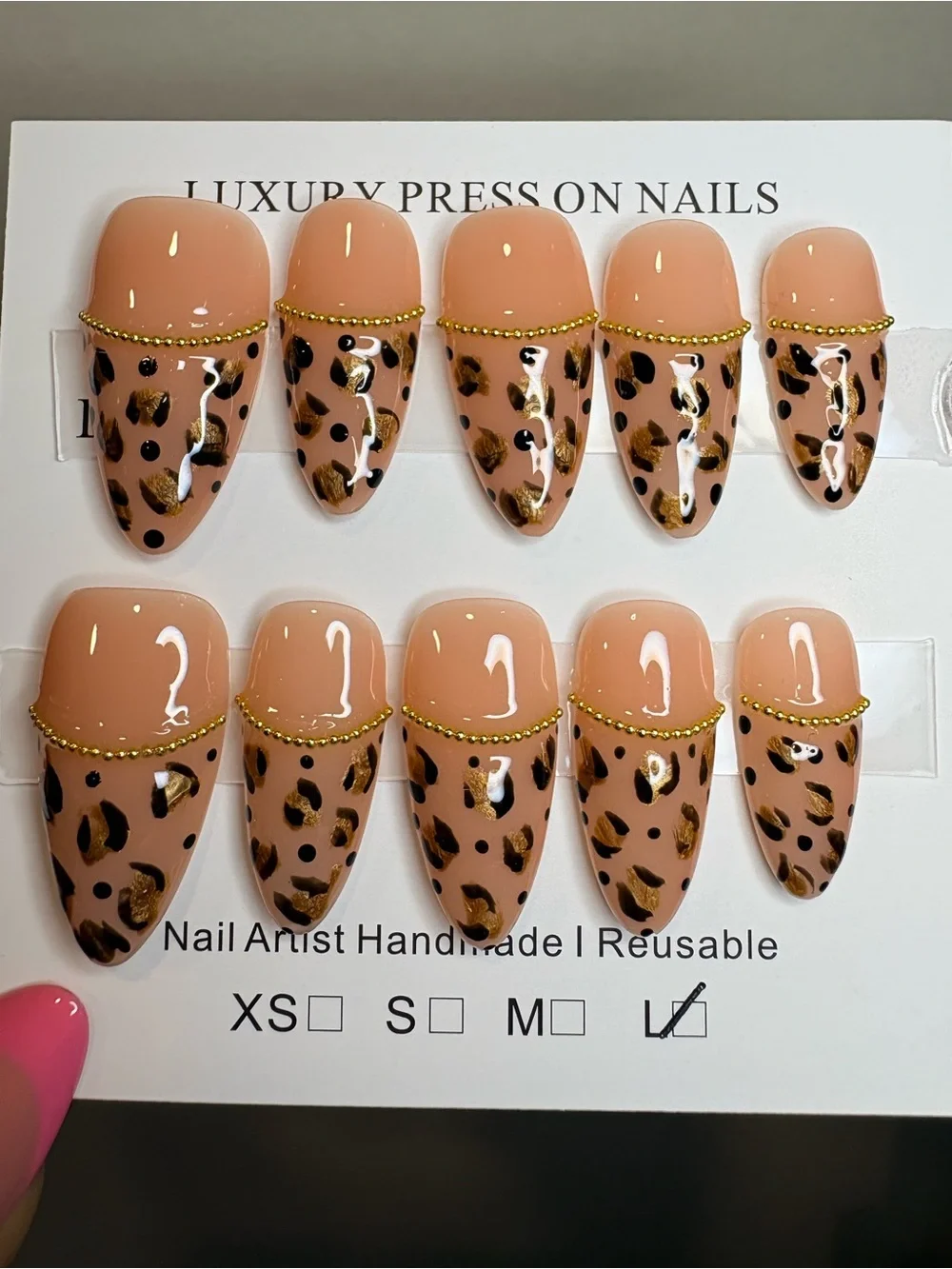 Peach Leopard Press-On Nails with Gold Accent